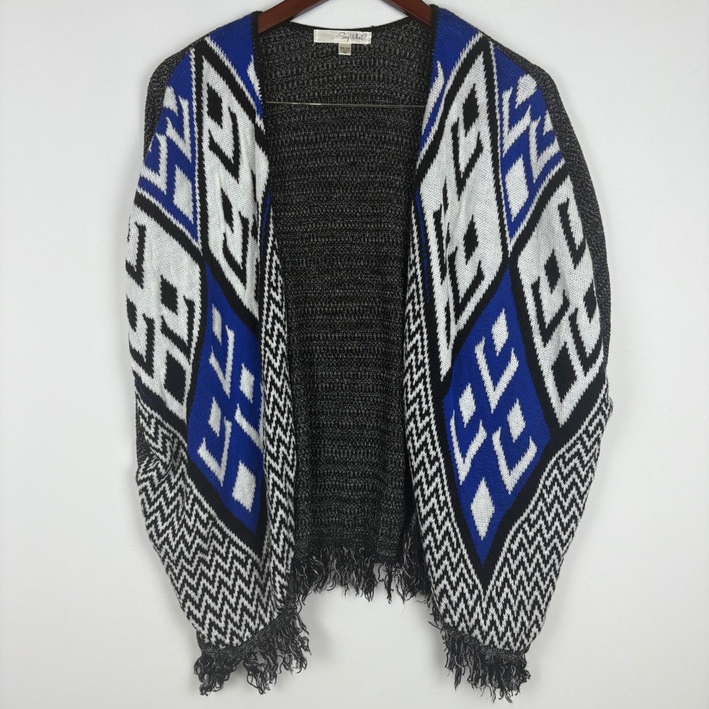 Say What? Geometric Cardigan Shall Fringe Open Front
